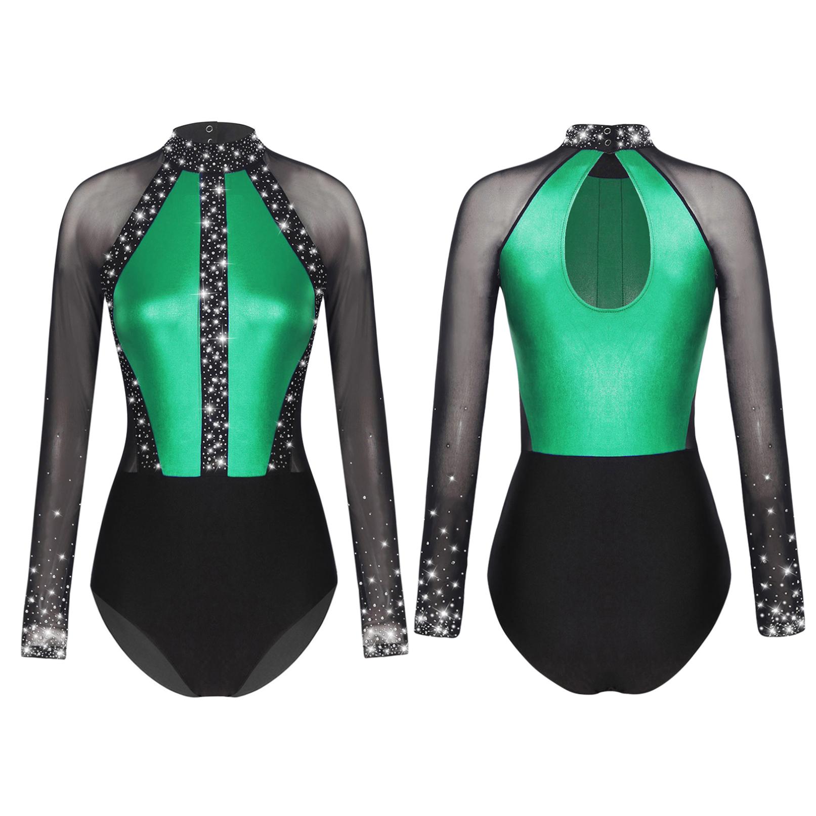 Frauen Strass Ballett Gymnastik Tanz Trikot Body Langarm Eiskunstlauf Tanz Kostüm M grün von Joom DACH