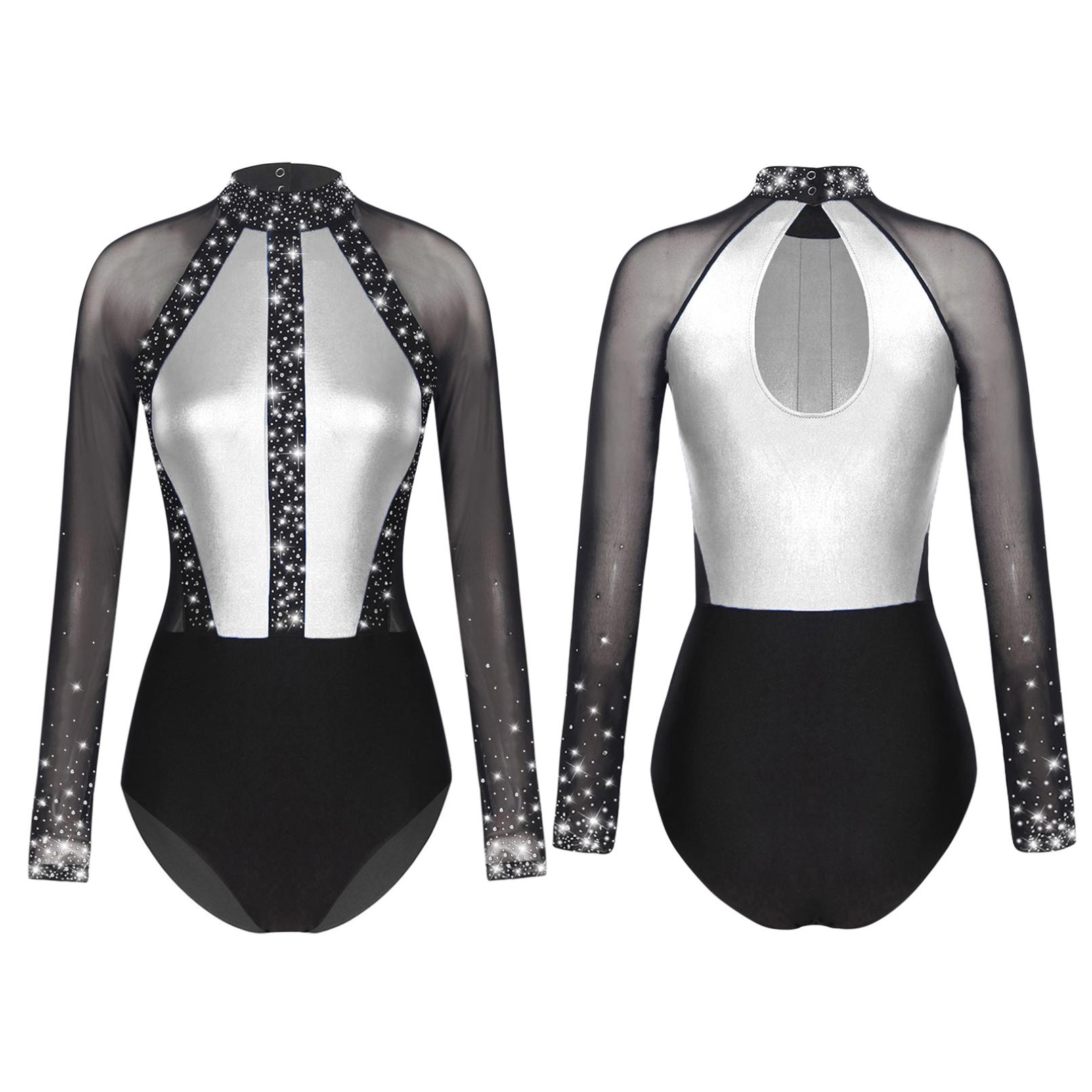 Frauen Strass Ballett Gymnastik Tanz Trikot Body Langarm Eiskunstlauf Tanz Kostüm S dunkelgraue von Joom DACH