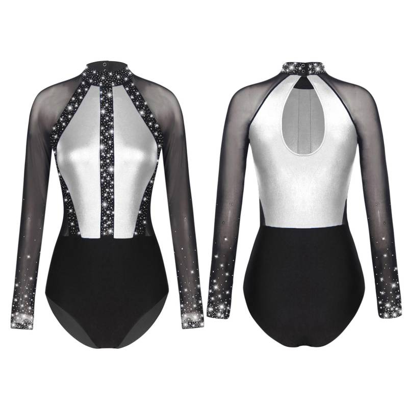 Frauen Strass Ballett Gymnastik Tanz Trikot Body Langarm Eiskunstlauf Tanz Kostüm S dunkelgraue von Joom DACH