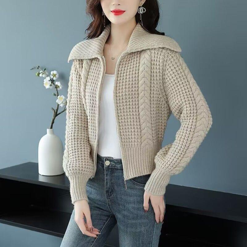 Frauen Strickjacke Reißverschluss Pullover Jacke Kurze Herbst und Winter 2022 lässig solide Langarm Revers Strickjacke Pullover weiblich One Size beige von Joom DACH