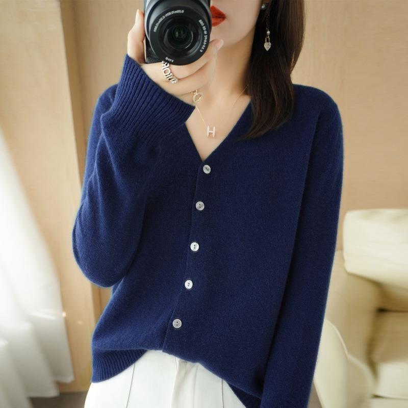 Frauen Strickjacken Herbst Winter Einreiher Strickwaren Langarm V-ausschnitt Strickjacke Koreanische Mode Frühjahr Casual Pullover L navy blau von Joom DACH