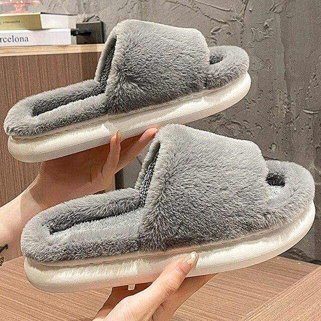 Frauen Superweiche Indoor-Pelzslipper Winter Plateau Warme Plüschslipper Weibliche Haus Baumwollschuhe Schlafzimmer Rutschfest Nähen Pantoletten 10.5 grau von Joom DACH
