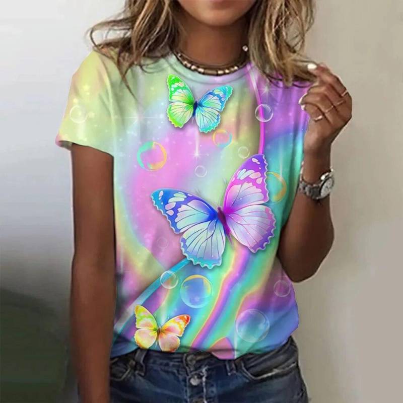 Frauen T-Shirts 2023 Sommer Mode 3d Schmetterling Print Kurzarm Top Weibliche Kleidung O Neck Übergroßen Tees Harajuku T Shirts M von Joom DACH