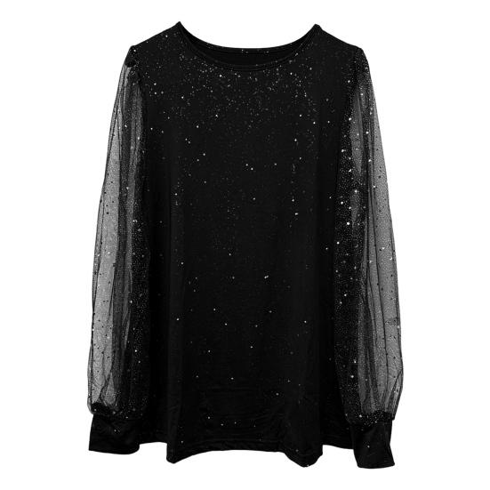 Frauen T-shirt Rundhals Sehen-durch Glitter Langarm Tops Einfarbig Lose 2XL schwarz von Joom DACH