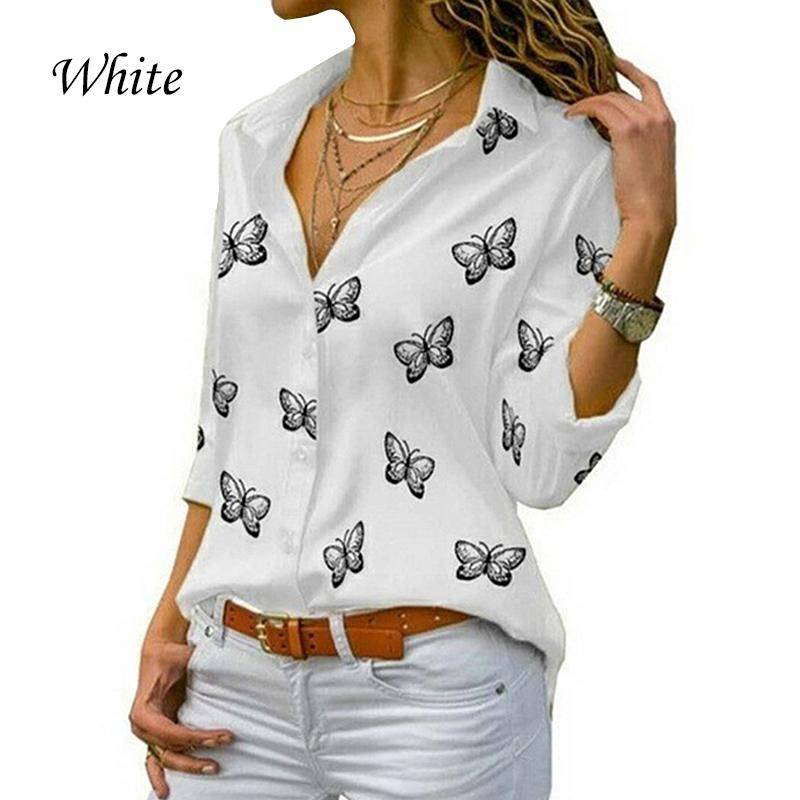 Frauen Temperament Casual Hemd Drehen-unten Kragen Schmetterling Print Langarm Blusen Mode Elegante Arbeit 3XL weiß von Joom DACH