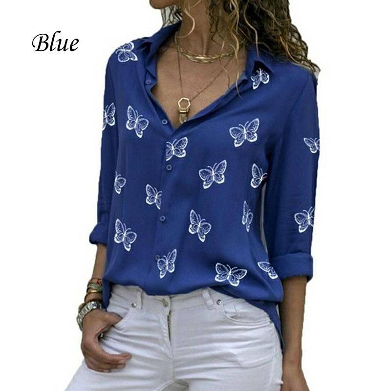 Frauen Temperament Casual Hemd Drehen-unten Kragen Schmetterling Print Langarm Blusen Mode Elegante Arbeit 3XL blau von Joom DACH