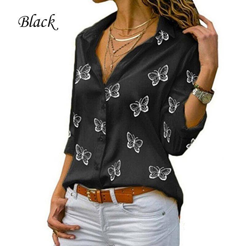 Frauen Temperament Casual Hemd Drehen-unten Kragen Schmetterling Print Langarm Blusen Mode Elegante Arbeit 5XL schwarz von Joom DACH