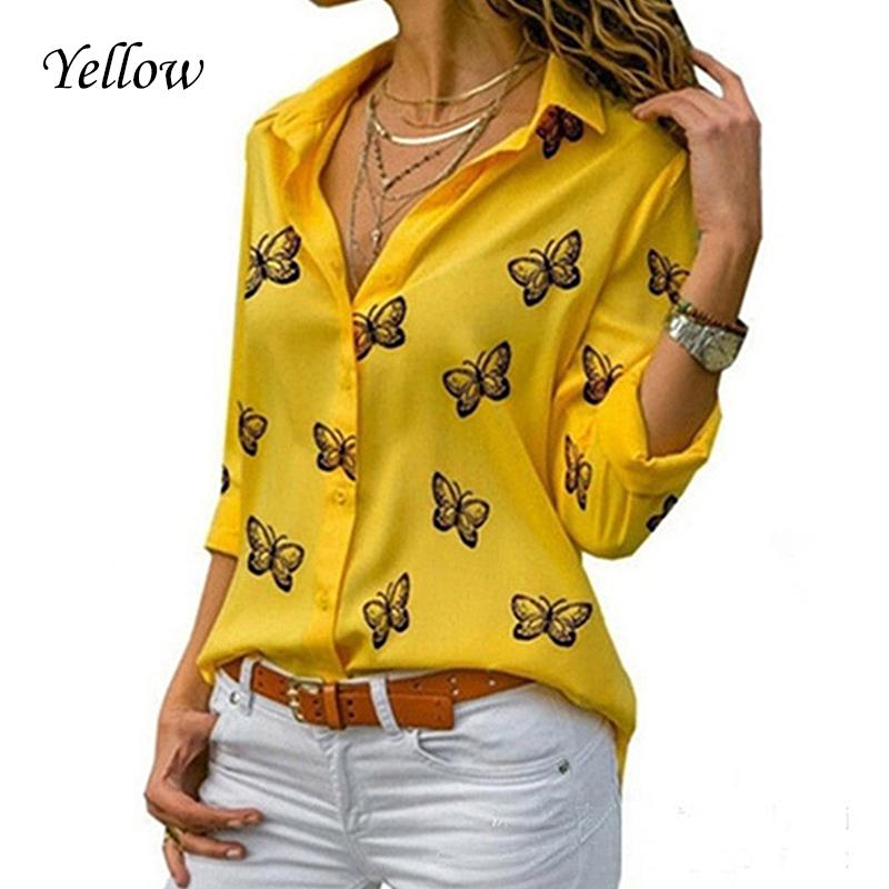 Frauen Temperament Casual Hemd Drehen-unten Kragen Schmetterling Print Langarm Blusen Mode Elegante Arbeit 5XL gelb von Joom DACH