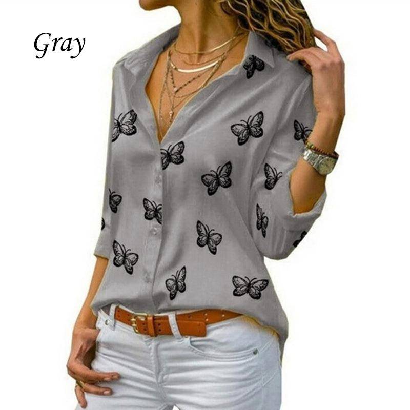 Frauen Temperament Casual Hemd Drehen-unten Kragen Schmetterling Print Langarm Blusen Mode Elegante Arbeit XL graue von Joom DACH