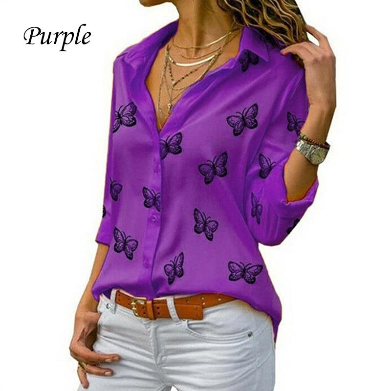 Frauen Temperament Casual Hemd Drehen-unten Kragen Schmetterling Print Langarm Blusen Mode Elegante Arbeit XL violett von Joom DACH