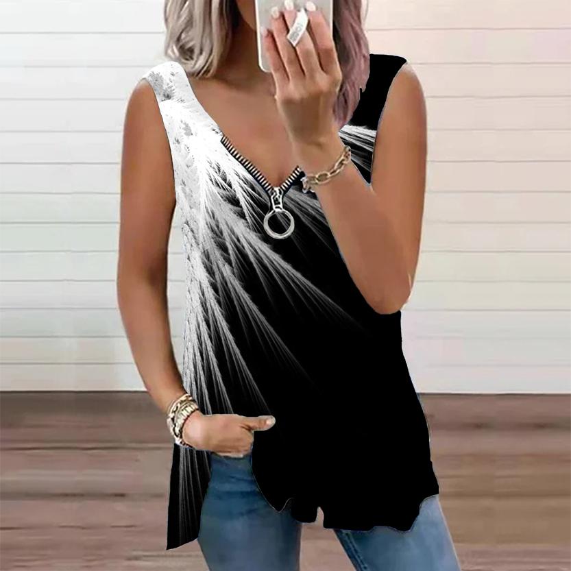 Frauen Top Sommer Neue Mode Grün Stroh Gedruckt Casual Plus Größe Ärmellose Zipper V-ausschnitt Top Tank Top 8XL weiß von Joom DACH