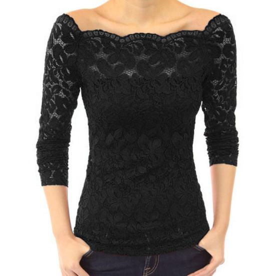 Frauen Tops Skew Kragen Langarm Spitze Hemd Hohl Spitze Spleißen Solide XL schwarz von Joom DACH