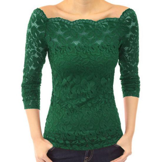 Frauen Tops Skew Kragen Langarm Spitze Hemd Hohl Spitze Spleißen Solide XXXL dunkelgrüne von Joom DACH