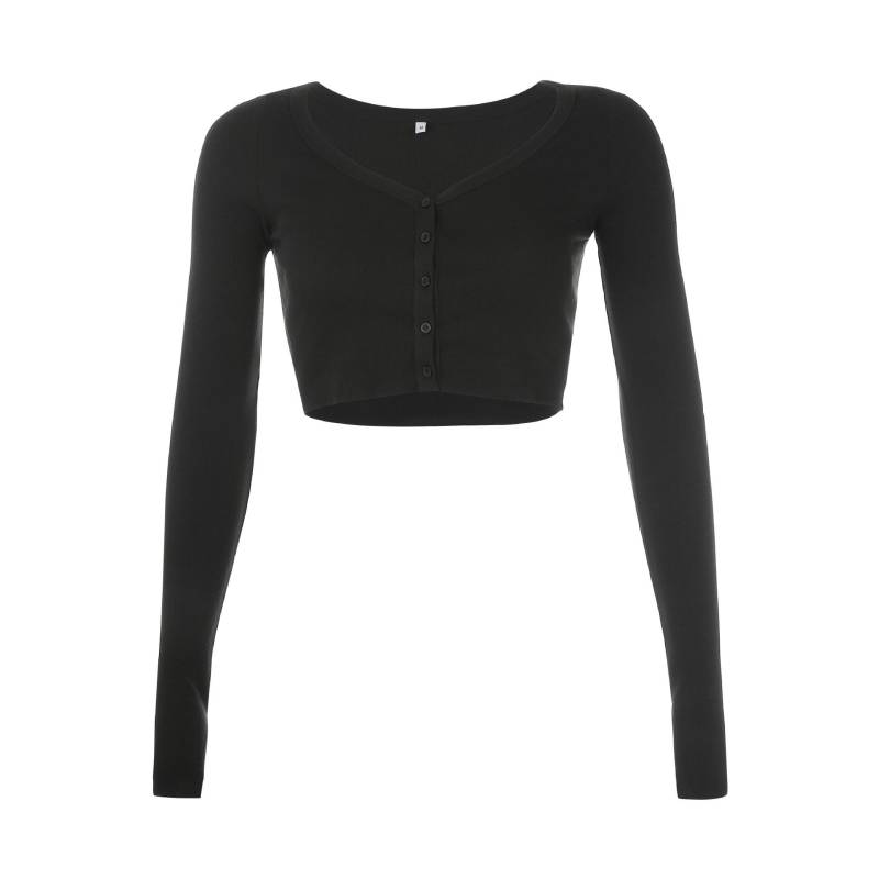 Frauen V-ausschnitt Einfarbig Lose Strickjacke Lange Ärmeln Crop Top M schwarz von Joom DACH