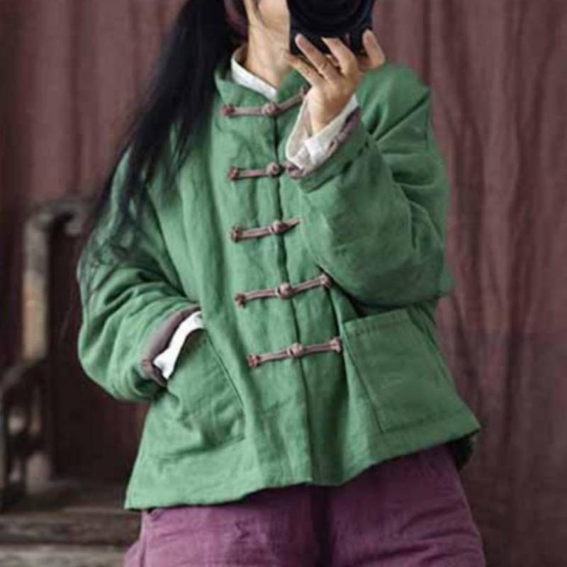 Frauen Vintage Leinen Parkas Taste Einfarbig Mäntel Winter Stand Plus Baumwolle Taschen Weibliche Chinesische Parkas One Size grün von Joom DACH