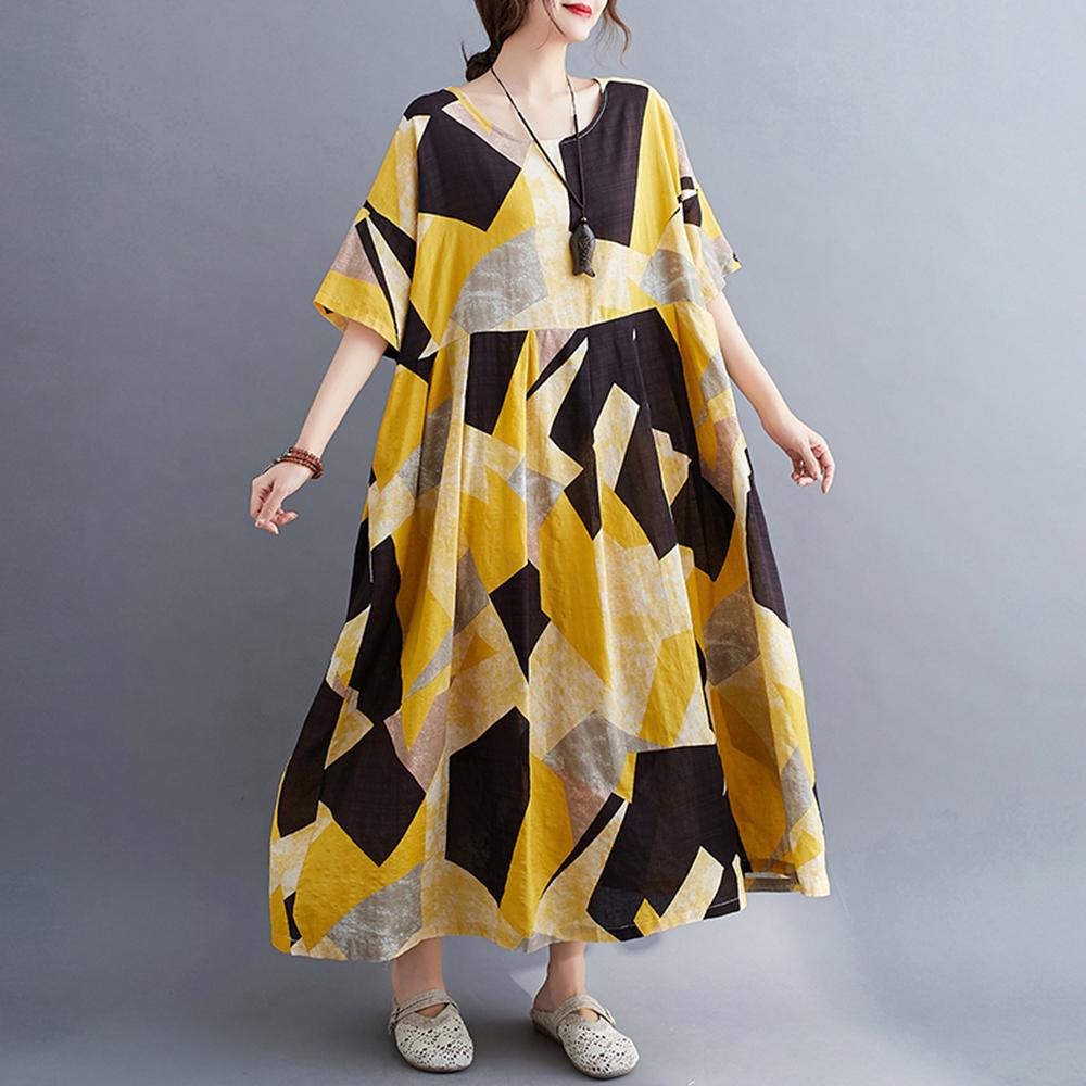Frauen Vintage Lose Kleid Geometrische Druck Kontrast Farbe Halbarm Boho Urlaub Casual Kleid One Size gelb von Joom DACH