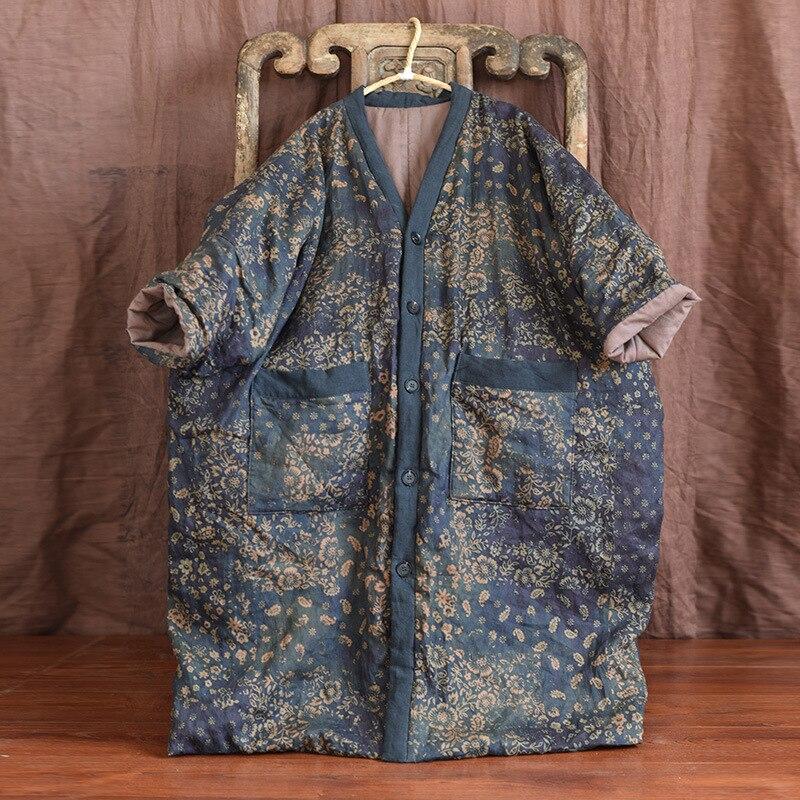 Frauen Vintage Print Floral Lange Parkas V-ausschnitt Taste Lose Warme Mantel 2021 Winter Neue Leinen Frauen Kleidung Tasche Parkas One Size blau von Joom DACH