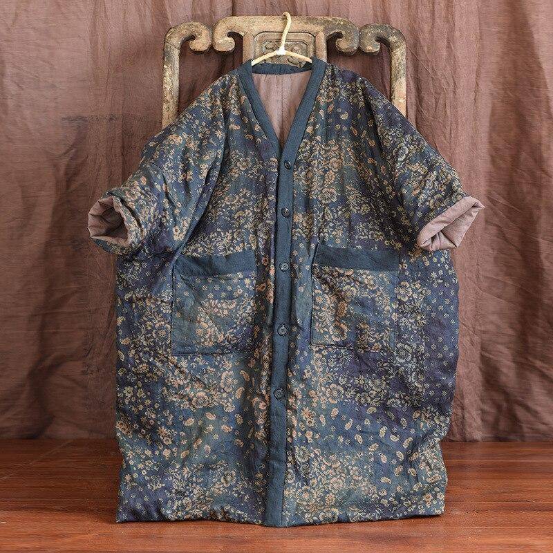 Frauen Vintage Print Floral Lange Parkas V-ausschnitt Taste Lose Warme Mantel 2021 Winter Neue Leinen Frauen Kleidung Tasche Parkas One Size blau von Joom DACH