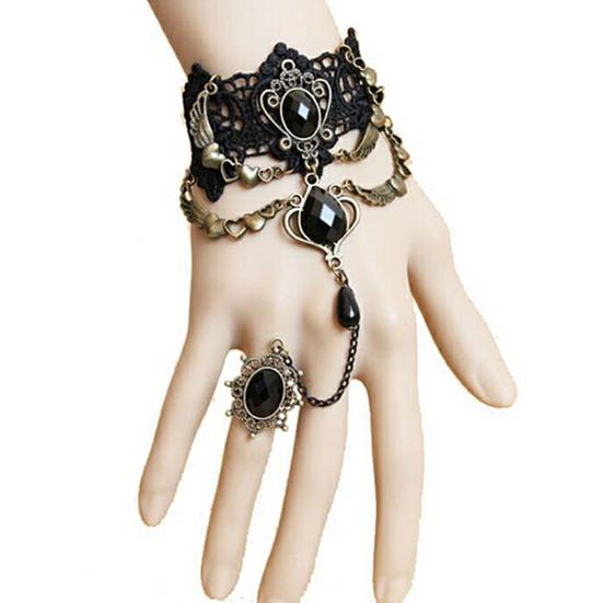 Frauen Vintage Punk Gothic Spitze Hand Kette Hand Harness Armband Slave Kette schwarz von Joom DACH
