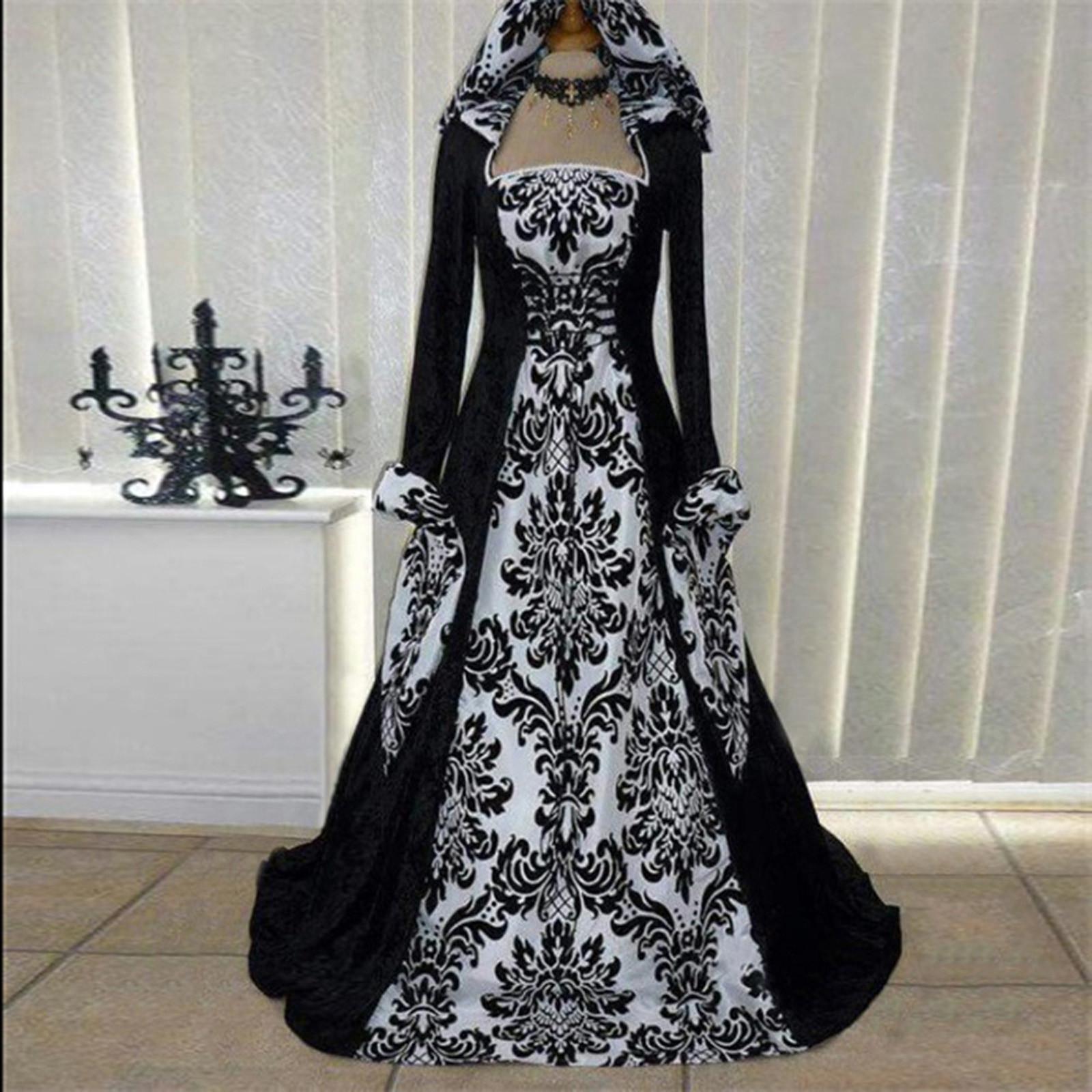 Frauen Vintage Retro Gothic Langarm Kapuzenkleid Lange Kleid Kleider M weiß von Joom DACH