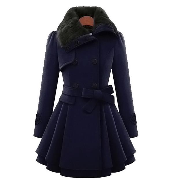 Frauen Vintage Wollmantel Schlanke Trenchcoats Dame Pelzkragen Winter Wollmantel Jacken Outwear M navy blau von Joom DACH