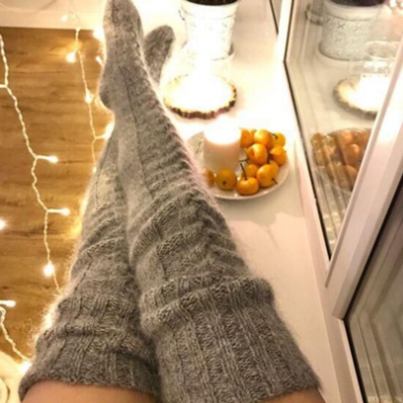 Frauen Warme Über Knie Socken Winter Stricken Oberschenkel-Hohe Strümpfe Warme Kawaii Geflochtene Gestrickte Lange Strümpfe Für Mädchen Frau One Size dunkelgrau von Joom DACH