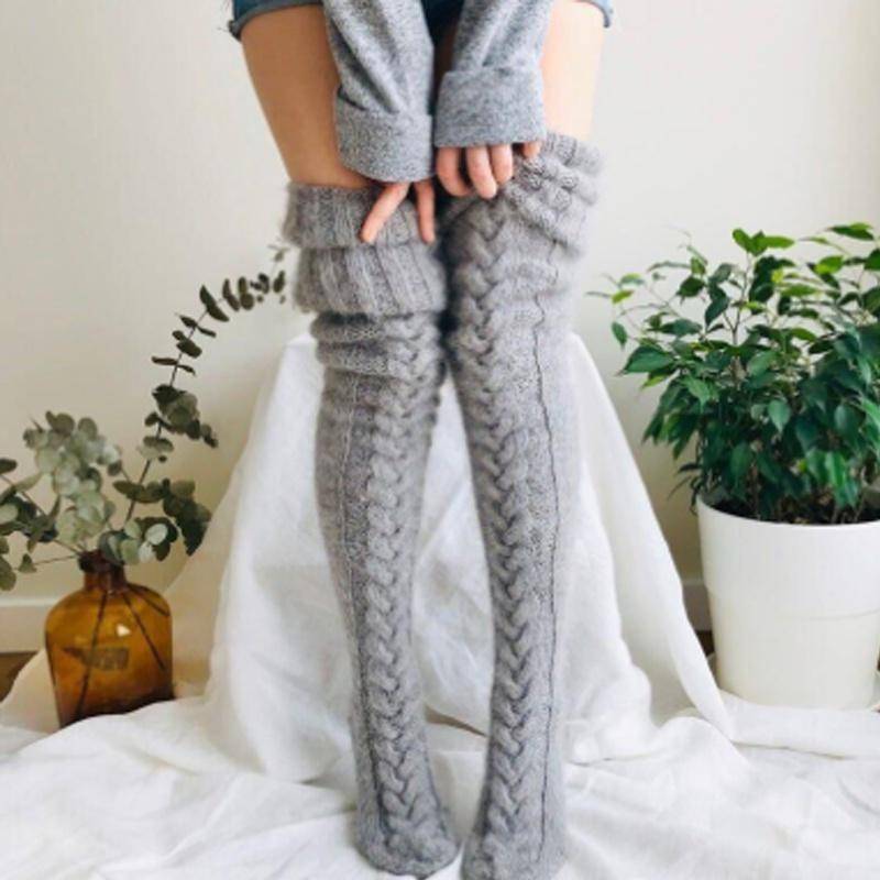 Frauen Warme Über Knie Socken Winter Stricken Oberschenkel-Hohe Strümpfe Warme Kawaii Geflochtene Gestrickte Lange Strümpfe Für Mädchen Frau One Size grau von Joom DACH