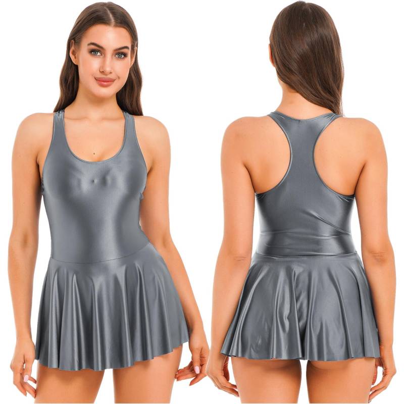 Frauen Weibliche U Neck Trikot Mini Kleider Glänzend Tank Kleid Einteiliges Badeanzug Bademode Ärmellose Nachtclub Vestido Kostüm S dunkelgraue von Joom DACH