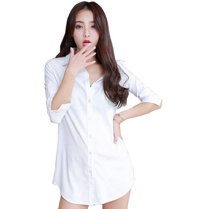 Frauen Weißes Hemd Kleid Frühling Sommer Mode 3/4 Hülse Elegante Einfarbig Bluse Büro Dame Taste Lange Hemd XXL von Joom DACH