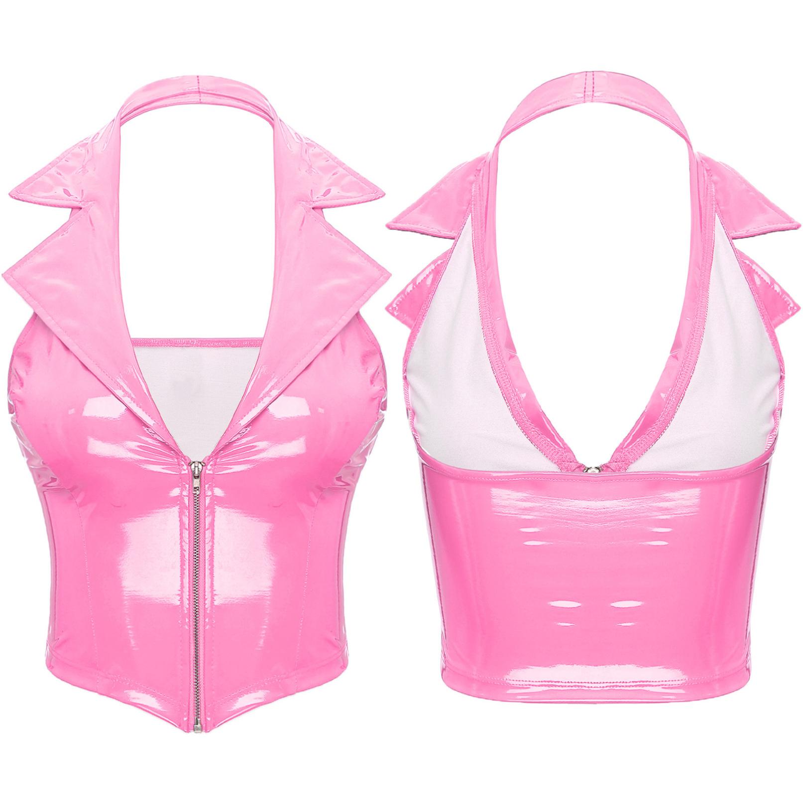 Frauen Wet Look Crop Top Leder glänzend Korsett BH kurze ärmellose Weste Clubwear Kostüm 4XL rosa von Joom DACH