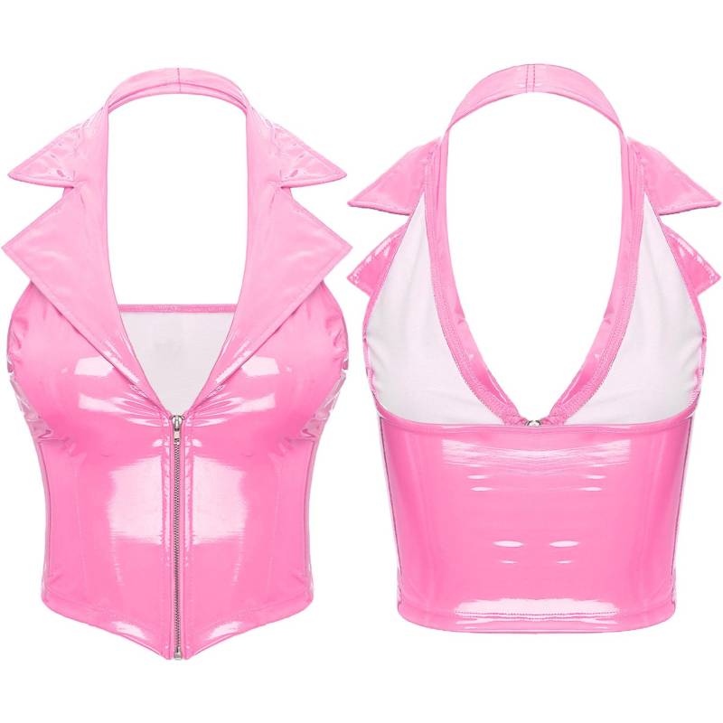 Frauen Wet Look Crop Top Leder glänzend Korsett BH kurze ärmellose Weste Clubwear Kostüm 4XL rosa von Joom DACH