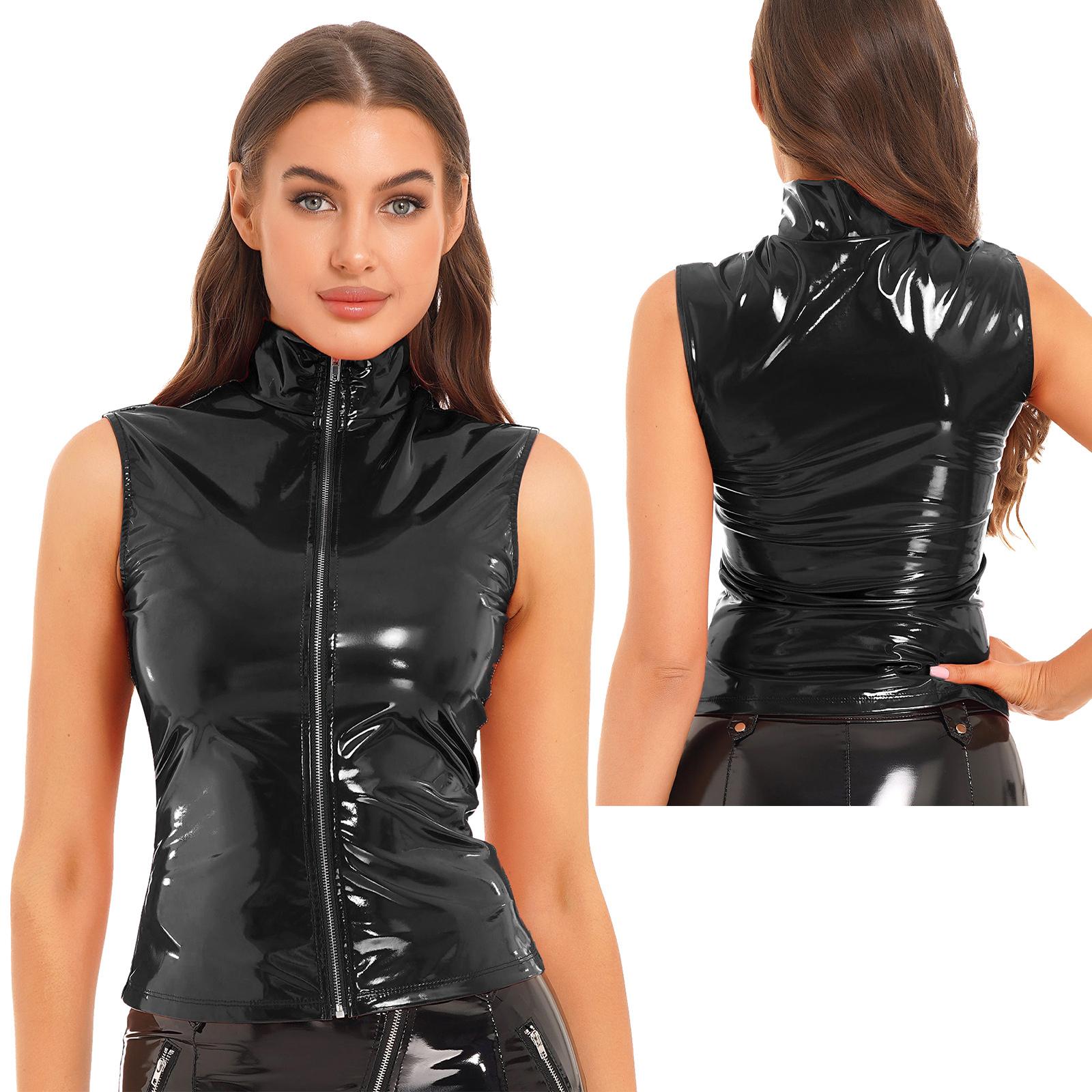Frauen Wet Look Tank Tops Reißverschluss Ärmellose Weste Lackleder Stehkragen Jacke für Nachtclub 5XL schwarz von Joom DACH