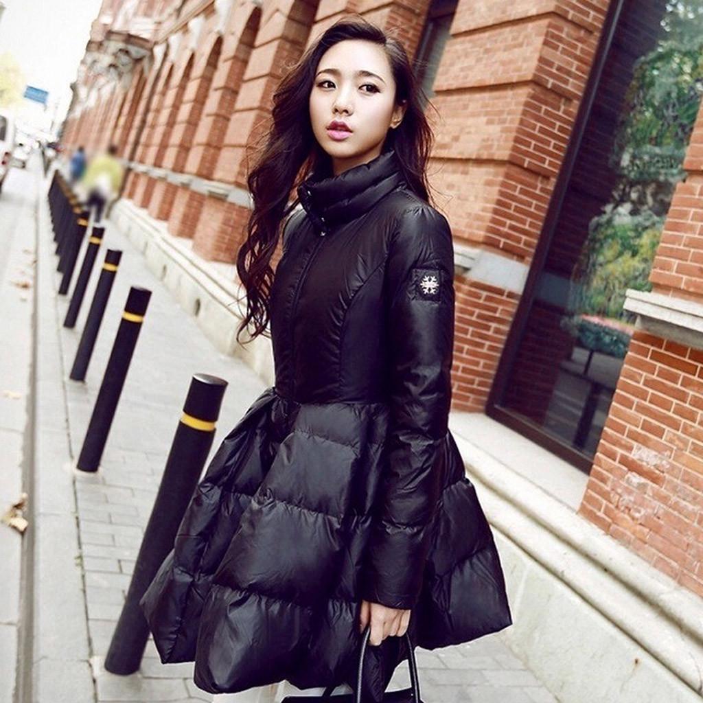 Frauen Winter Einfarbig Daunenjacken Warme Lange Dünne Weibliche Big Swing Mantel L schwarz von Joom DACH