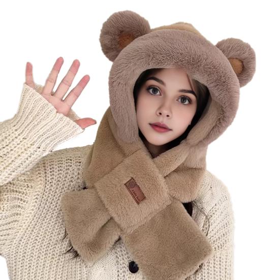 Frauen Winter Integrierte Hut Und Schal Dicke Fleece Warm Cartoon Fuchs Ohr Dekor Winddicht braun von Joom DACH