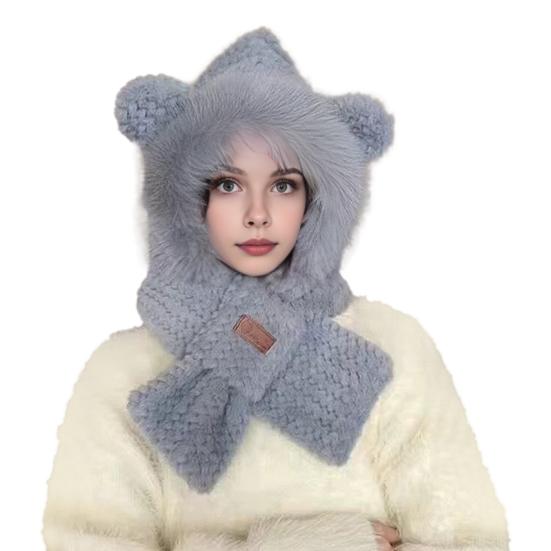 Frauen Winter Integrierte Hut Und Schal Dicke Fleece Warm Cartoon Fuchs Ohr Dekor Winddicht grau von Joom DACH