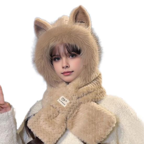 Frauen Winter Integrierte Hut Und Schal Dicke Fleece Warm Cartoon Fuchs Ohr Dekor Winddicht khaki von Joom DACH