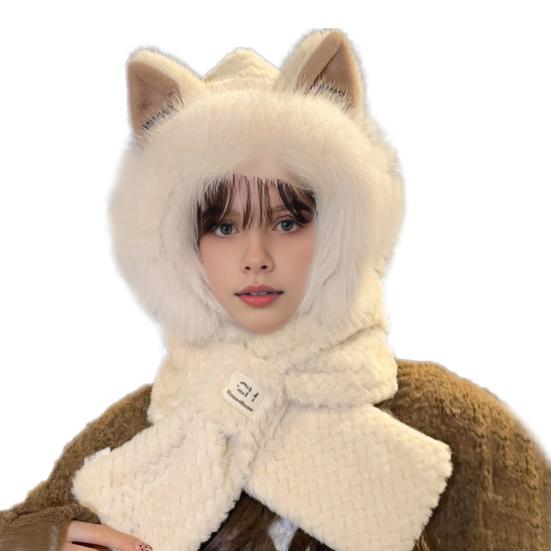 Frauen Winter Integrierte Hut Und Schal Dicke Fleece Warm Cartoon Fuchs Ohr Dekor Winddicht beige von Joom DACH