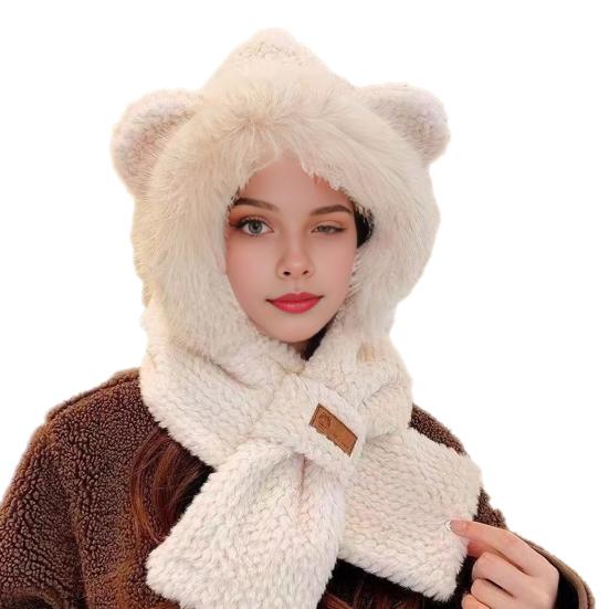 Frauen Winter Integrierte Hut Und Schal Dicke Fleece Warm Cartoon Fuchs Ohr Dekor Winddicht weiß von Joom DACH