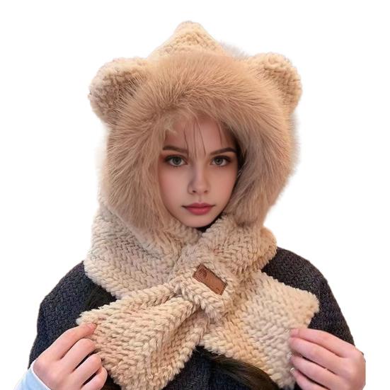 Frauen Winter Integrierte Hut Und Schal Dicke Fleece Warm Cartoon Fuchs Ohr Dekor Winddicht kaffeebraun von Joom DACH