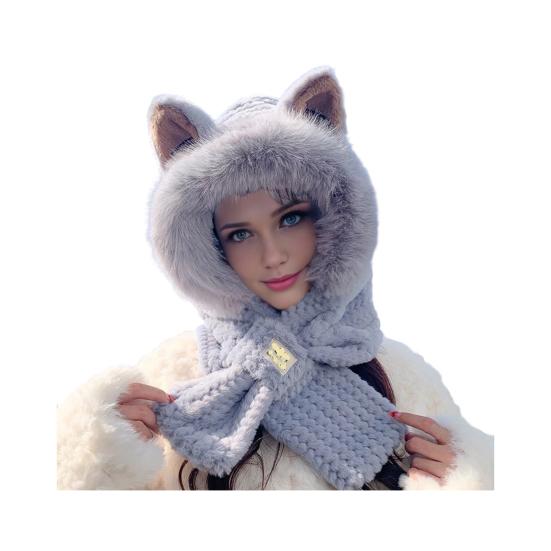 Frauen Winter Integrierte Hut Und Schal Dicke Fleece Warm Cartoon Fuchs Ohr Dekor Winddicht dunkelblaue von Joom DACH