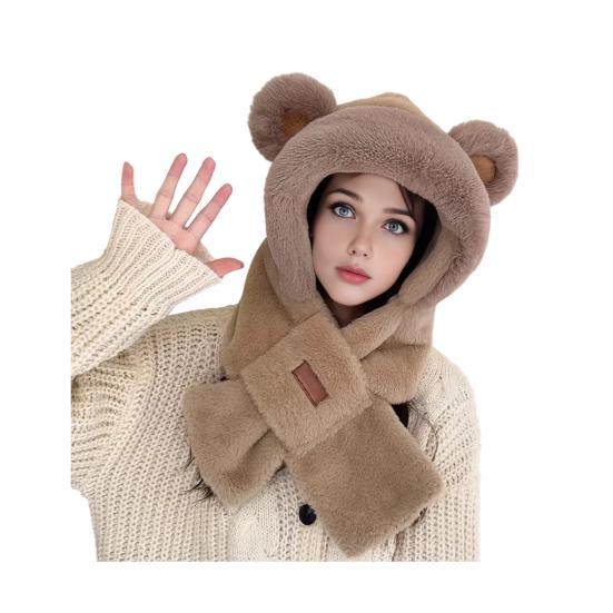 Frauen Winter Integrierte Hut Und Schal Dicke Fleece Warm Cartoon Fuchs Ohr Dekor Winddicht dunkelbraune von Joom DACH