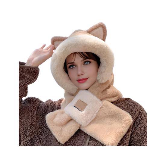 Frauen Winter Integrierte Hut Und Schal Dicke Fleece Warm Cartoon Fuchs Ohr Dekor Winddicht hellbeige von Joom DACH