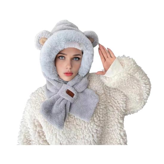 Frauen Winter Integrierte Hut Und Schal Dicke Fleece Warm Cartoon Fuchs Ohr Dekor Winddicht hellblaue von Joom DACH