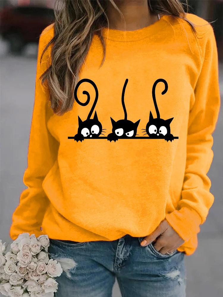 Frauen Winter Langarm Casual Rundhals Schwarz Katzen Gedruckt Lose Sweatshirt Tops & Blusen Plus Größe T-shirts L gelb von Joom DACH