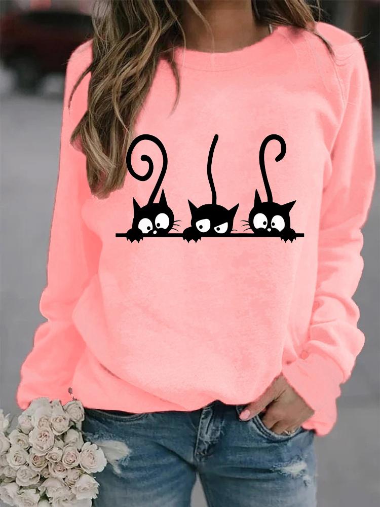 Frauen Winter Langarm Casual Rundhals Schwarz Katzen Gedruckt Lose Sweatshirt Tops & Blusen Plus Größe T-shirts M rosa von Joom DACH