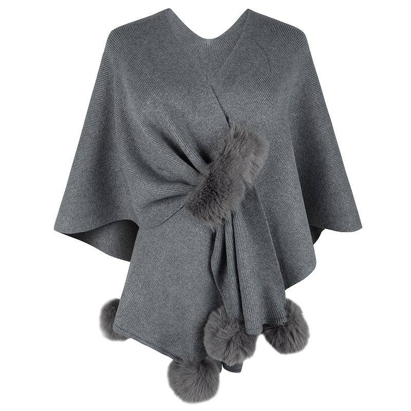 Frauen Winter Mode Einfarbig Pelz Ball Cape Pullover Schal Stricken WarmKnitting Warm One size grau von Joom DACH