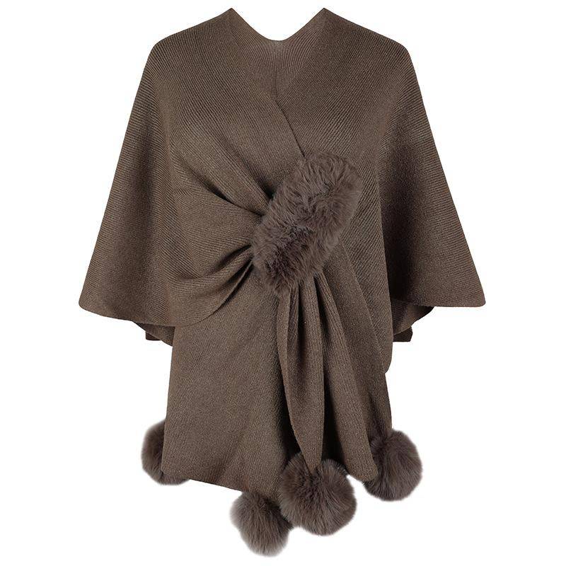 Frauen Winter Mode Einfarbig Pelz Ball Cape Pullover Schal Stricken WarmKnitting Warm One size kaffeebraun von Joom DACH