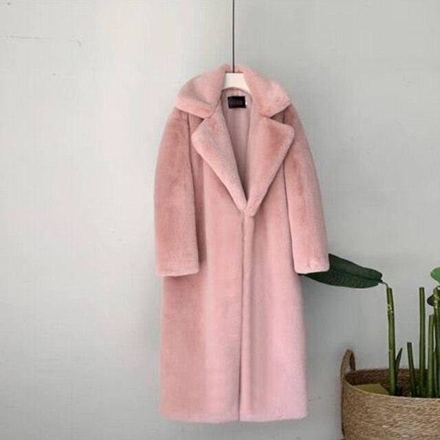 Frauen Winter Warm Faux Pelzmantel Dicke Frauen Langen Mantel Drehen Unten Kragen Frauen Warme Mantel Mit Gürtel Casaco feminino XL rosa von Joom DACH