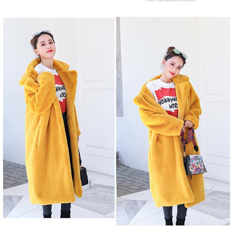 Frauen Winter Warm Faux Pelzmantel Dicke Frauen Langen Mantel Drehen Unten Kragen Frauen Warme Mantel Mit Gürtel Casaco feminino XXL gelb von Joom DACH