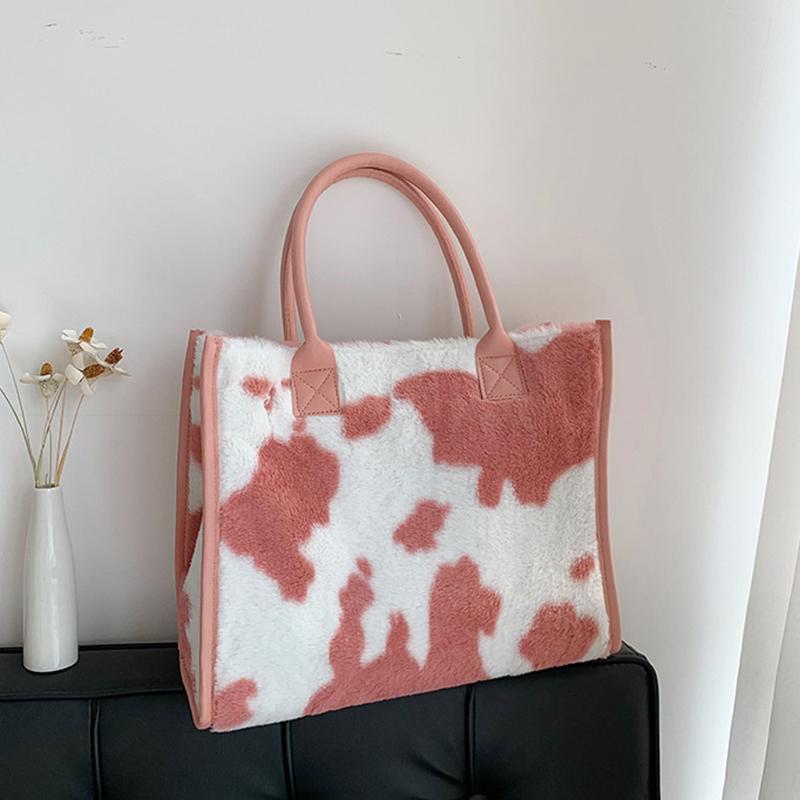 Frauen Winter Warme Weiche Plüsch Umhängetasche Mode Leopard Kuh Muster Faux Pelz Shopper Totes Große Kapazität Handtasche 34x13x27.5cm rosa von Joom DACH